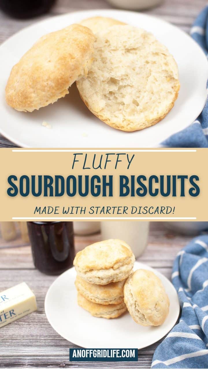 Two images of fluffy sourdough biscuits: one showing a split biscuit, the other shows a stack of biscuits on a plate, with butter, preserve, and a striped cloth nearby. Text overlay included.