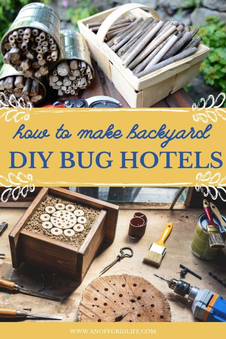 A collage showing natural materials like sticks and bamboo in containers and tools on a workbench for making DIY backyard bug hotels.