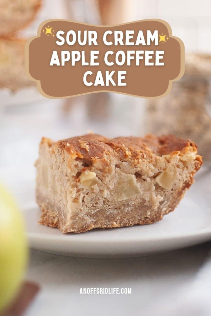 A slice of sour cream apple coffee cake sits on a white plate, with a large text label above reading "Sour Cream Apple Coffee Cake.