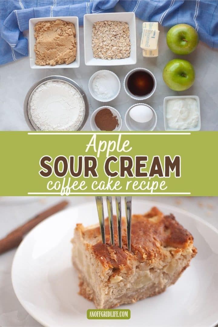 Top image shows ingredients for apple sour cream coffee cake laid out on a counter; bottom image shows a slice of the cake on a plate with a fork.