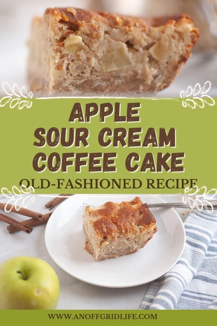 A slice of apple sour cream coffee cake on a white plate with a fork, cinnamon sticks, and a green apple nearby; recipe text overlayed.
