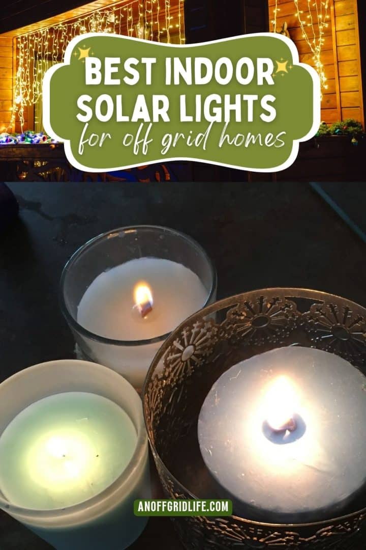 Three lit candles in glass and metal holders are displayed on a table, with a sign above promoting the best indoor solar lights for off-grid homes.