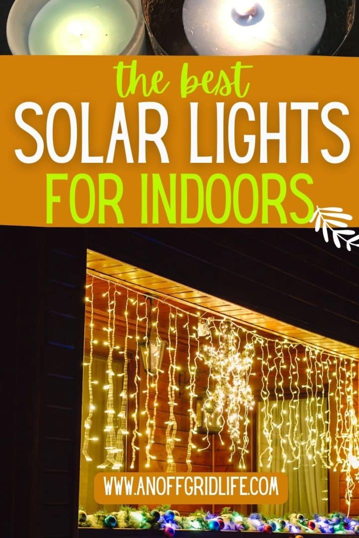 A window decorated with hanging string lights under a sign that reads "The Best Solar Lights for Indoors" and the website "www.anoffgridlife.com.