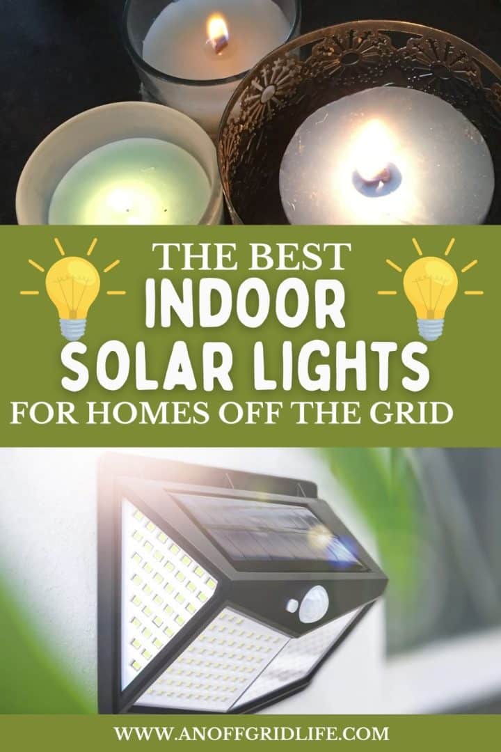 An advertisement for indoor solar lights shows lit candles above and a solar wall light below, with text promoting solar lighting for off-grid homes.