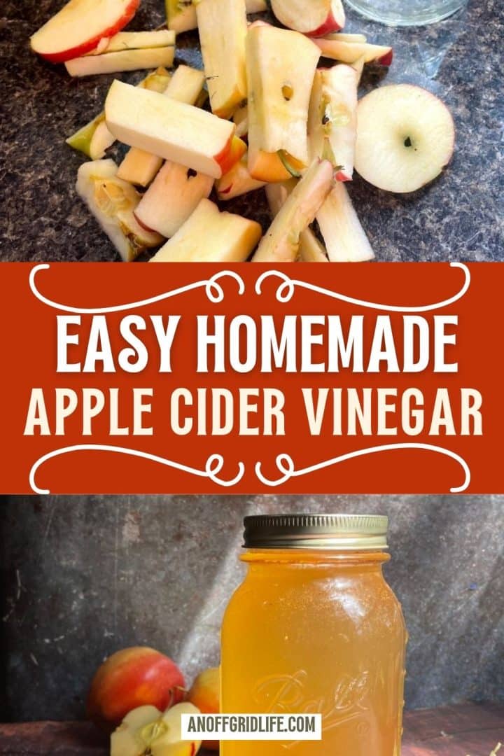 Sliced apples on a countertop, a text banner reading "Easy Homemade Apple Cider Vinegar," and a jar of apple cider vinegar beside apples.