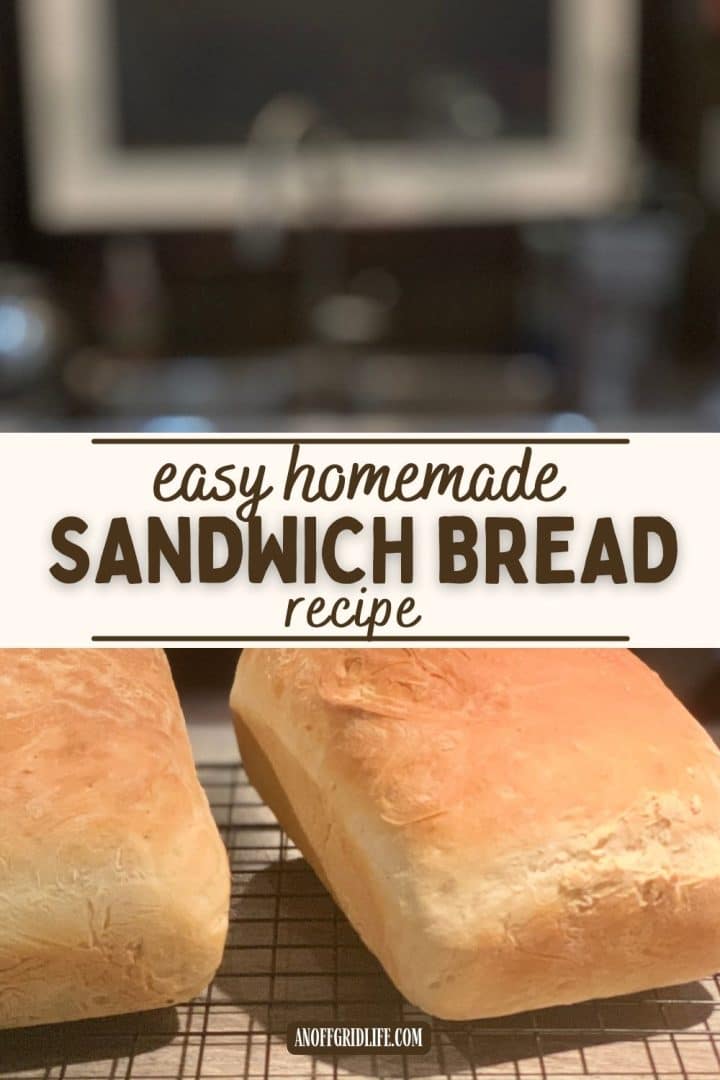 Two loaves of homemade sandwich bread cooling on a wire rack, with text overlay reading "easy homemade sandwich bread recipe.