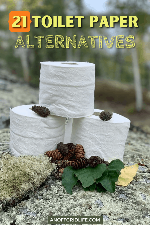 three rolls of toilet paper on a rock with text overlay "21 toilet paper alternatives"