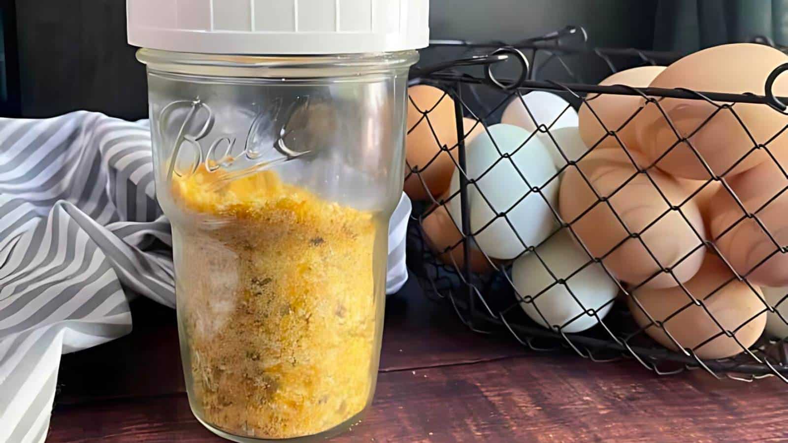 A glass jar filled with a yellow powdery substance is placed on a wooden surface. Next to it is a wire basket containing brown and blue eggs. A striped cloth is draped nearby.