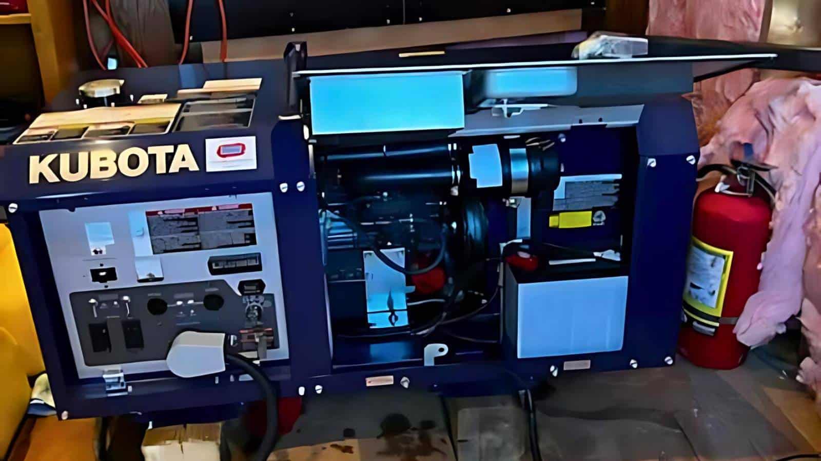 A Kubota generator with its cover open, showing internal components, is placed indoors next to a fire extinguisher.