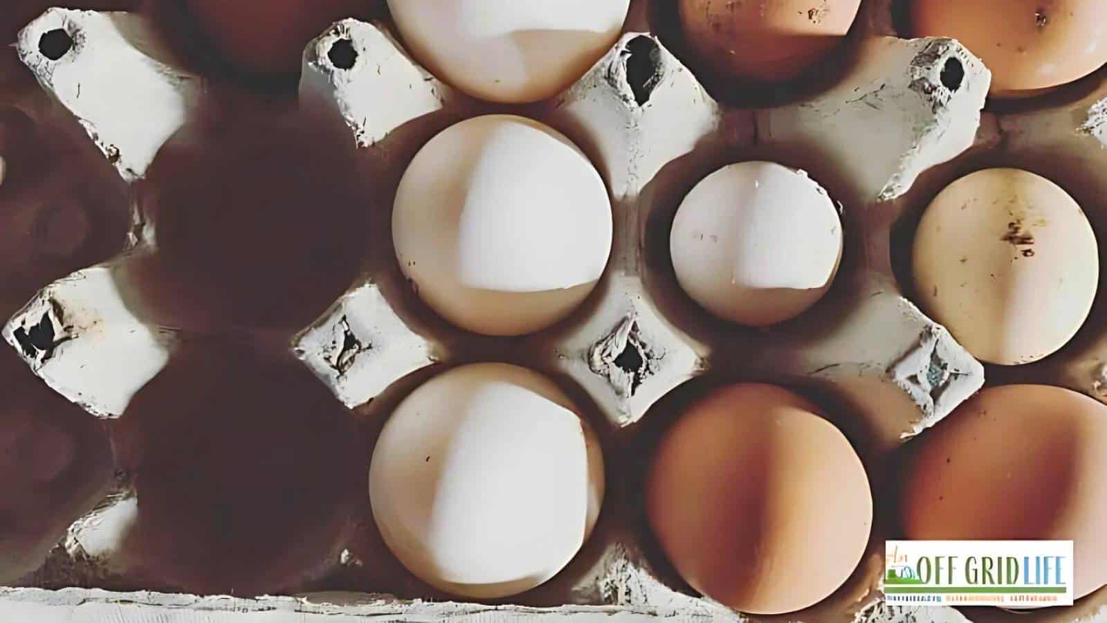 A carton of assorted brown and white eggs with some empty spaces, encouraging you to become more self-reliant by sourcing fresh produce.