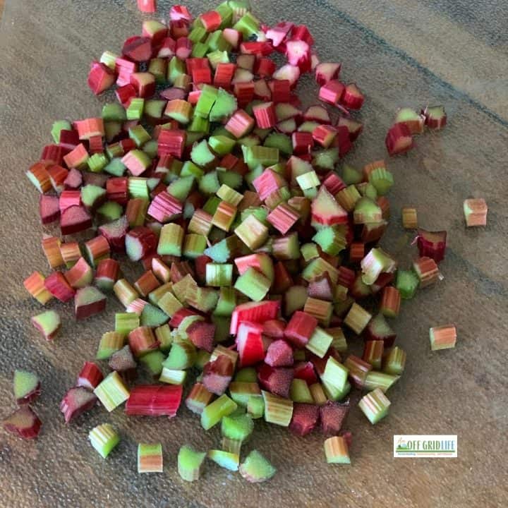 Diced red and green rhubarb for coffee cake.