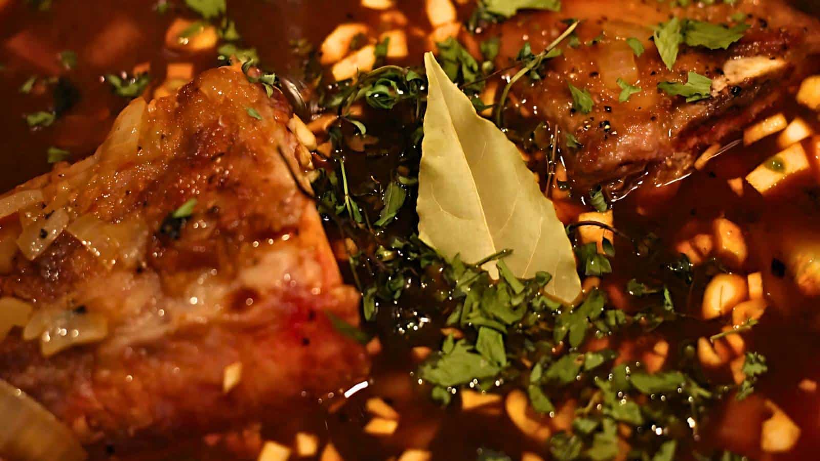 Close-up of a stew with meat chunks, chopped garlic, and cilantro leaves, garnished with a bay leaf in a rich brown broth.