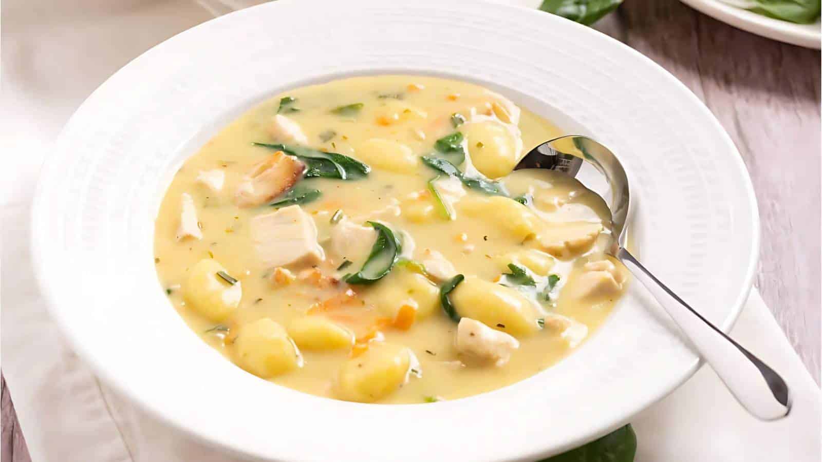 A bowl of creamy soup with gnocchi, chicken pieces, spinach, and carrots, served with a spoon on a white plate.