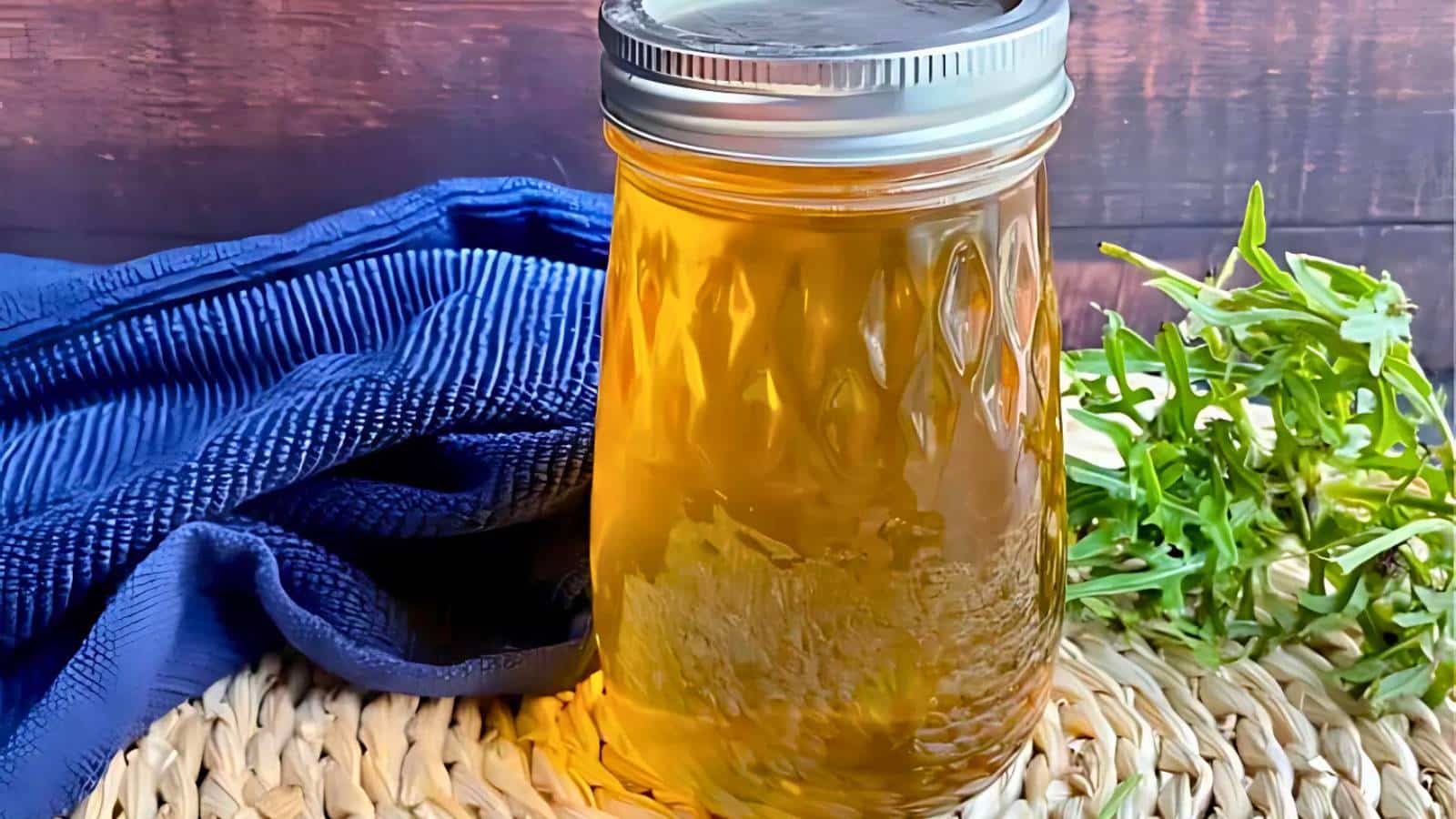 A glass jar with a metal lid containing dandelion jelly, placed on a woven surface next to a blue cloth and green herbs, set against a wooden background.