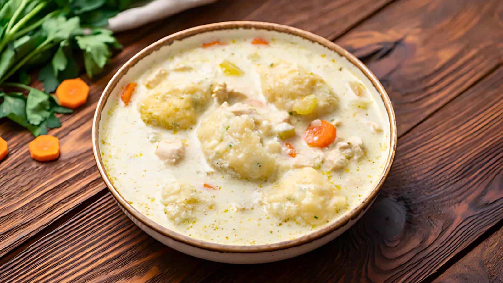 A bowl of creamy chicken and dumplings soup with carrots and celery on a wooden table, garnished with fresh herbs.