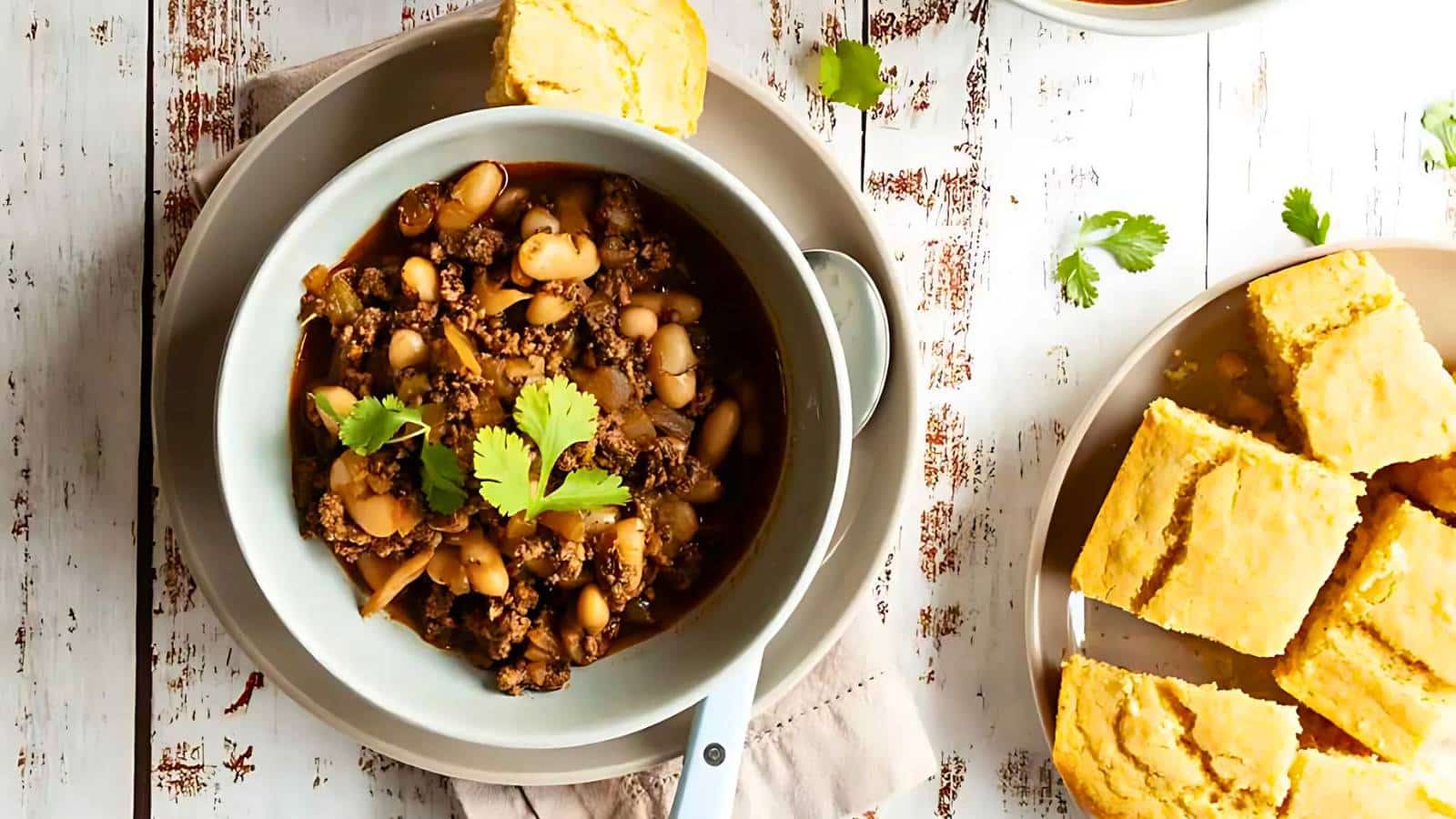 Bowl of chili with beans and ground meat, garnished with cilantro, next to a plate of cornbread on a white wooden table.