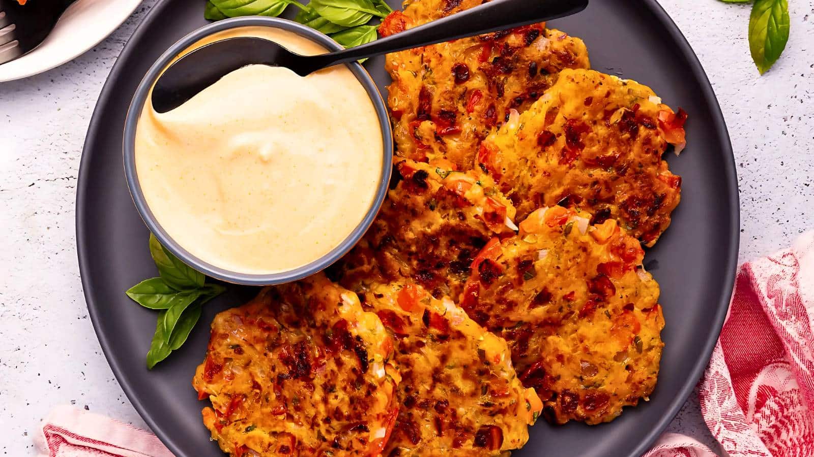 A plate of veggie fritters with a bowl of creamy dipping sauce and a spoon on the side.