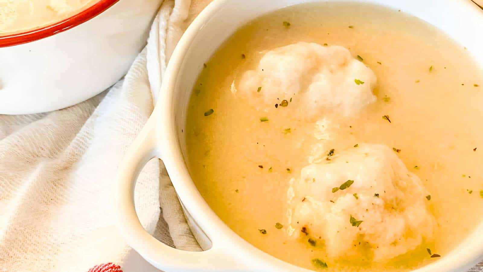 A bowl of chicken and dumplings with two dumplings in creamy broth, garnished with herbs.