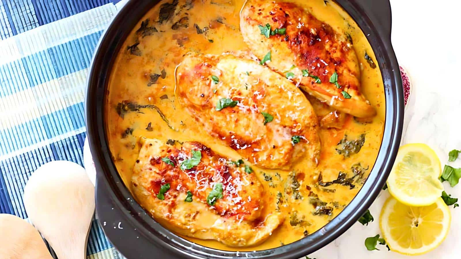 A black pan with three pieces of chicken in a creamy sauce, garnished with parsley. Lemon slices are on the side.