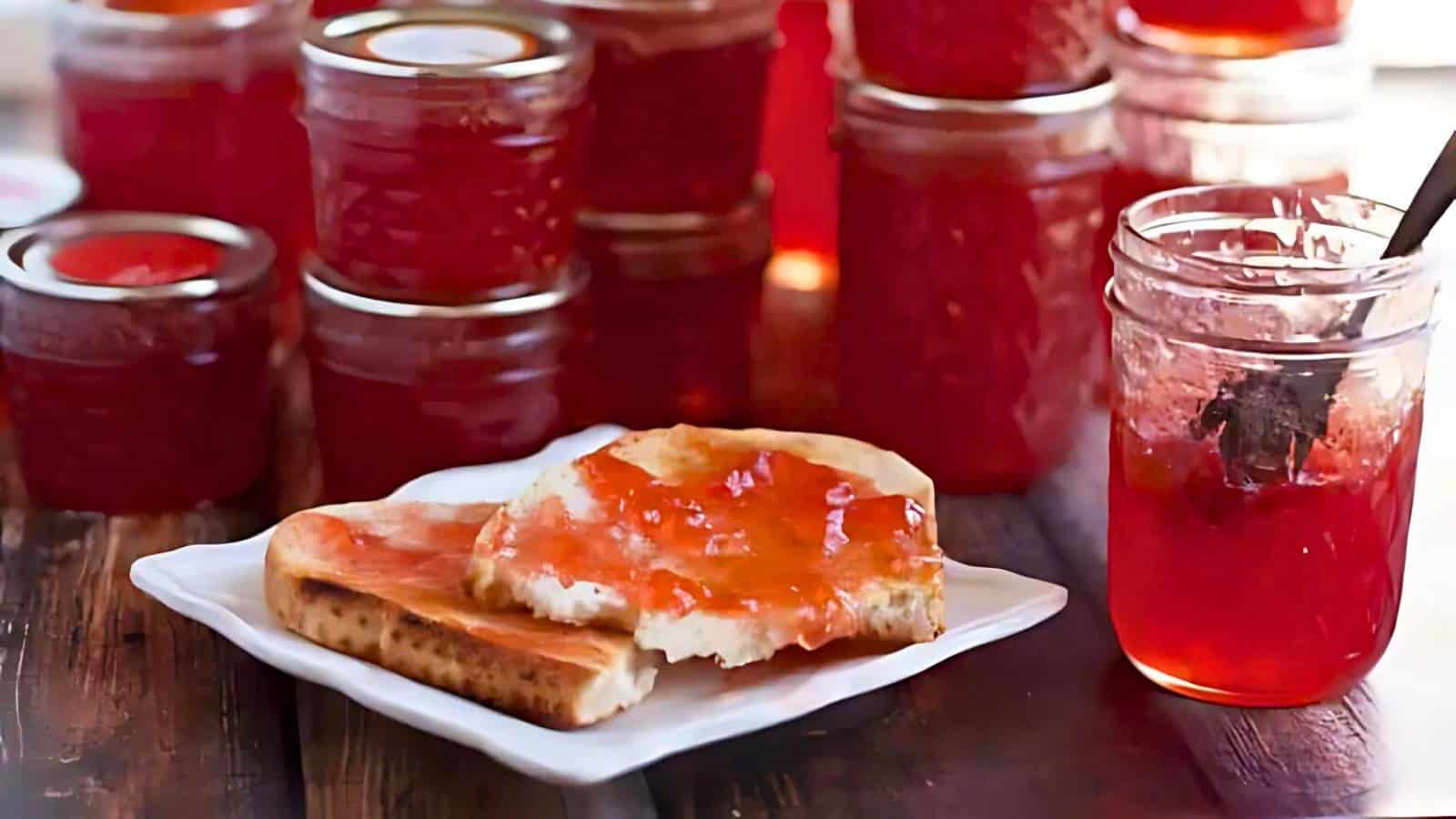Glass jars of red jam with a spoon inside one jar are arranged around a plate with two pieces of toast spread with the same jam.