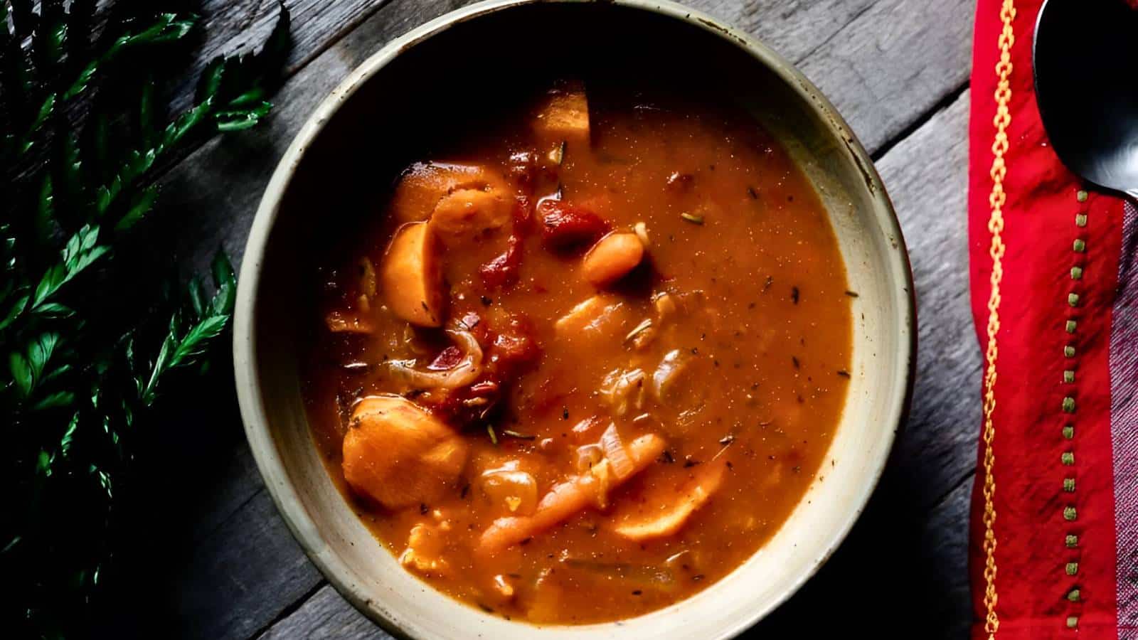 A bowl of hearty vegetable and meat stew with visible chunks of vegetables and meat in a thick, brown broth. Placed on a wooden surface next to red and green decorations.