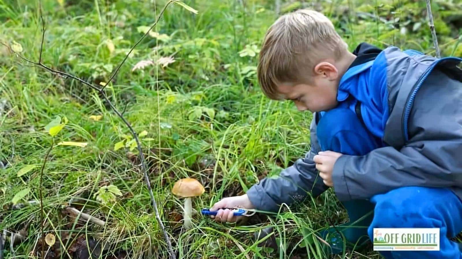 A child in a blue outfit kneels in a grassy area, using a knife to cut a mushroom.