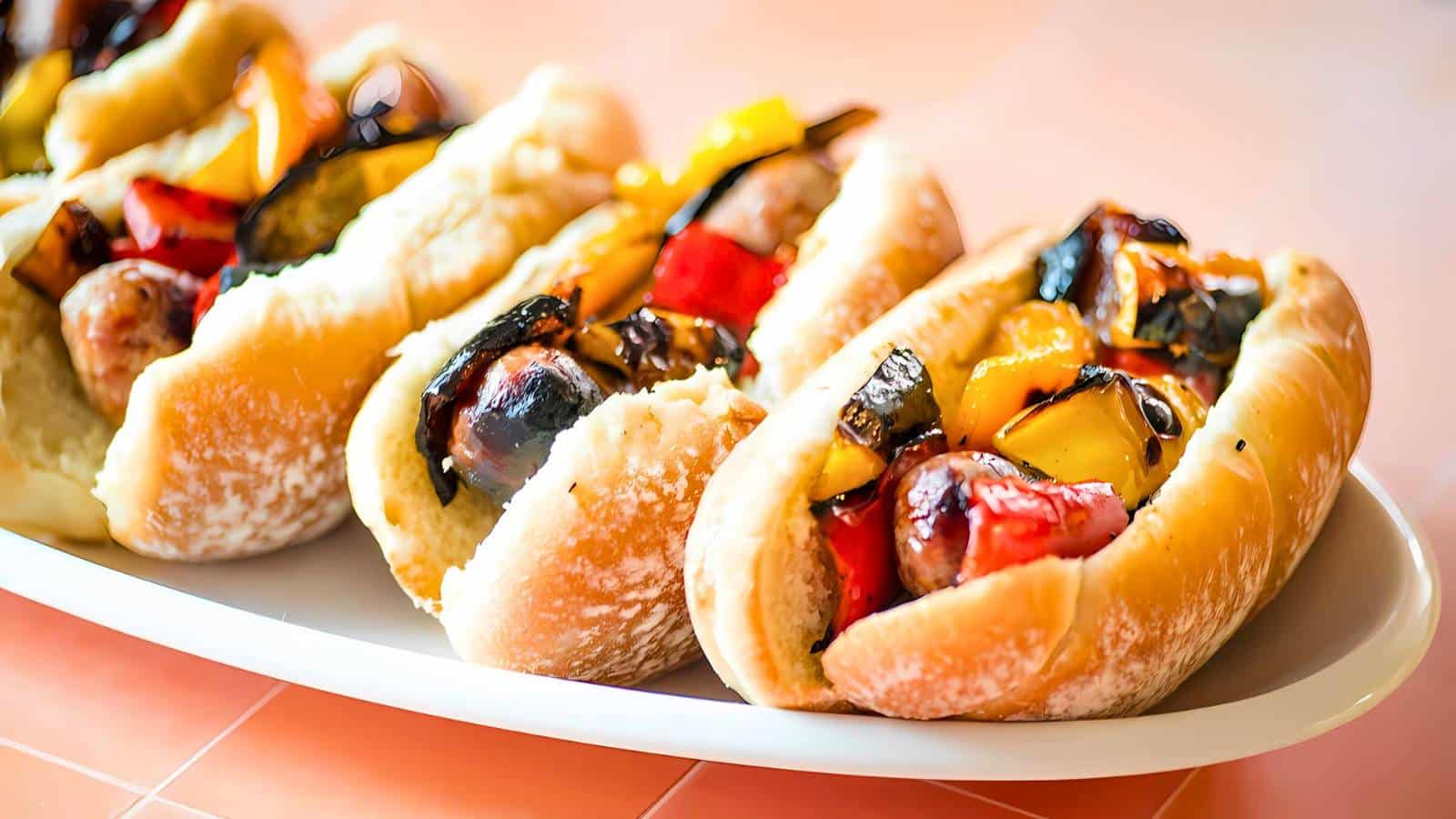 Three sausage sandwiches with grilled peppers on a white plate.