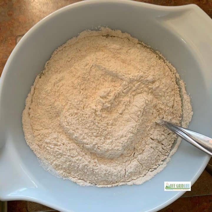 Dry ingredients for strawberry rhubarb coffee cake recipe without milk