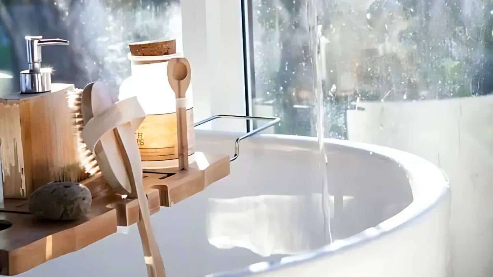 A white bathtub by a window, with sunlight streaming in. Nearby are a wooden tray, a soap dispenser, a brush, and a jar with a cork lid.