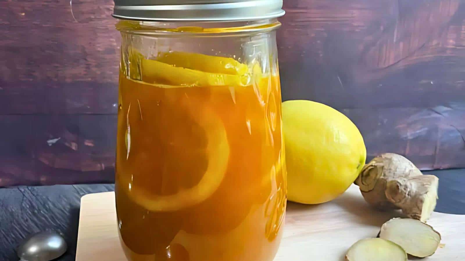 A jar filled with lemon and ginger slices in a yellow liquid sits as a testament to home remedies for fall, with a whole lemon and ginger root pieces placed beside it on a wooden surface.