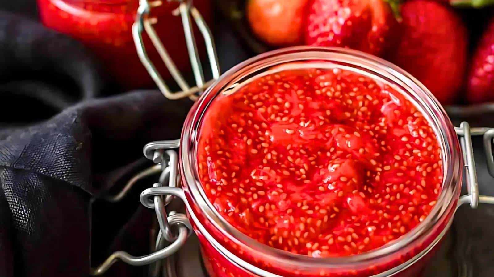 A close-up view of a jar of freshly made strawberry jam with visible seeds, set against a dark background with strawberries in the background.
