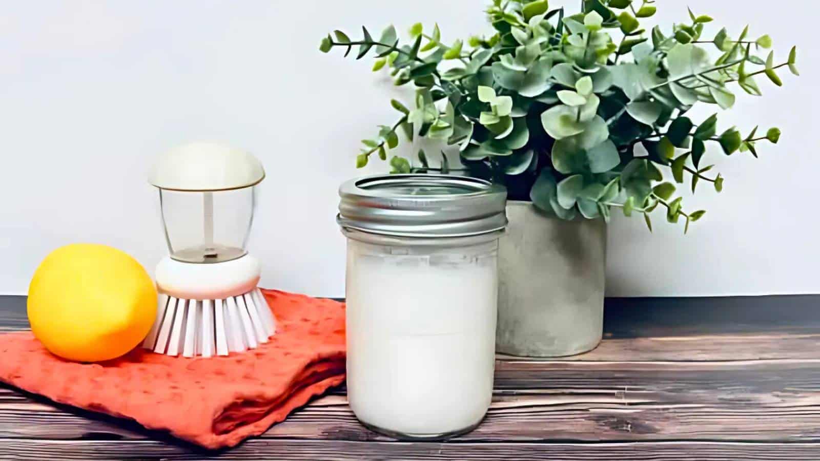 A jar with a metal lid, a lemon, a dish brush, and an orange cloth are on a wooden surface. A potted plant with green leaves stands in the background.