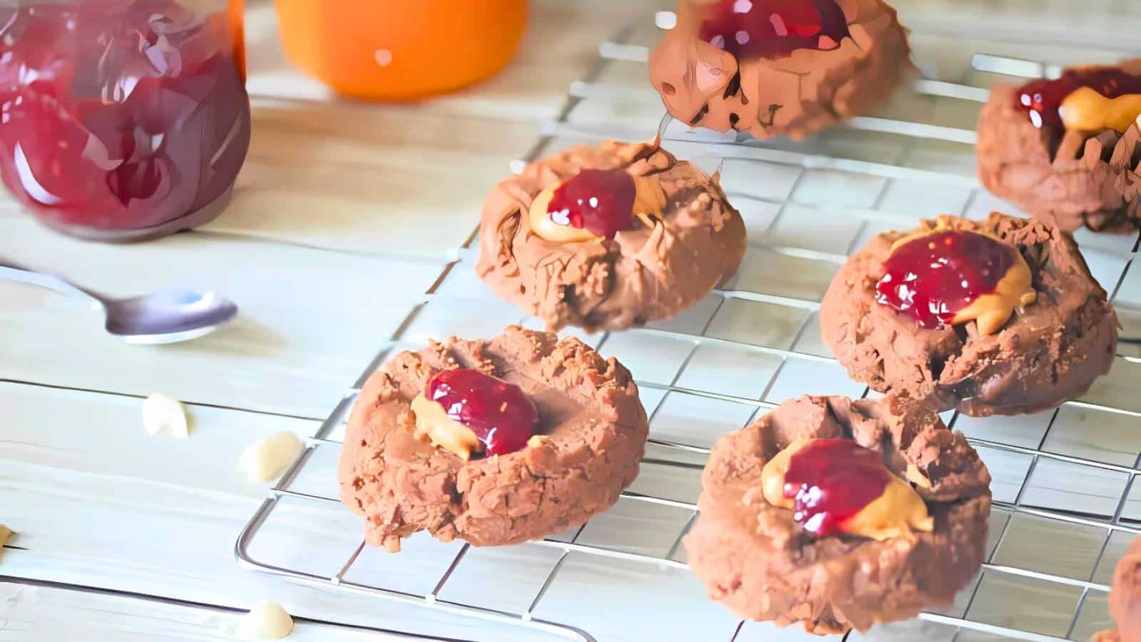 Cookies with peanut butter and jelly on a cooling rack, with a jar of jam and spoon nearby.