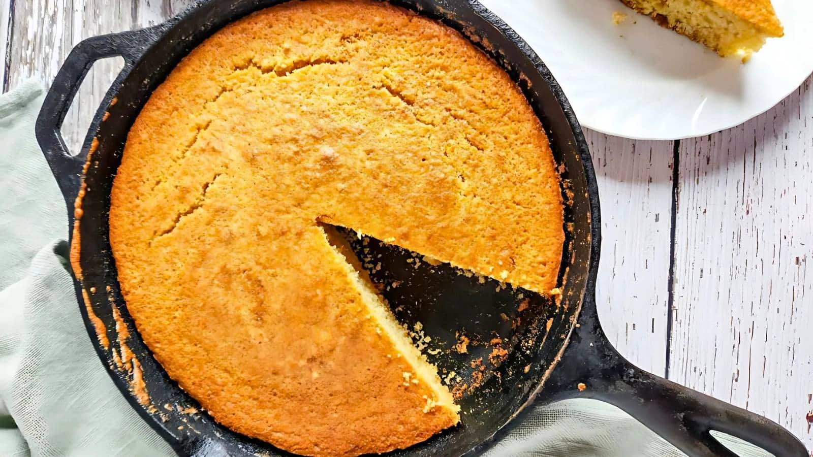A baked cornbread in a cast iron skillet with one slice missing. A piece is served on a white plate in the background.