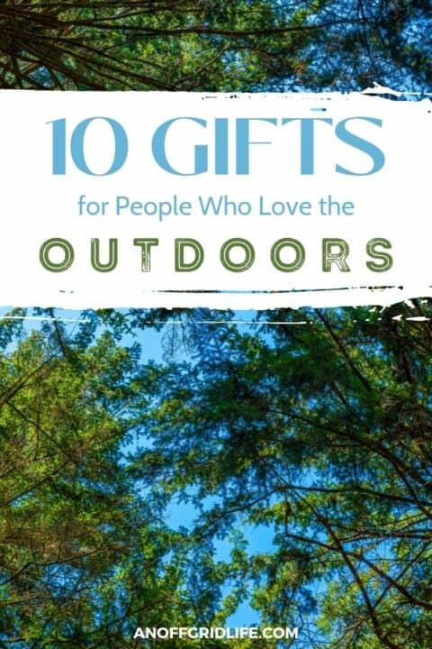 a green forest canopy with a blue sky background and text overlay "10 gifts for people who love the outdoors"
