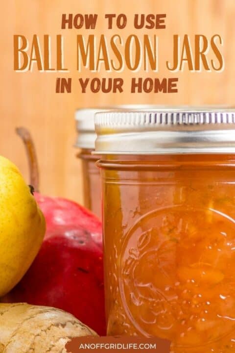 a pinterest image of a glass ball mason jar filled with orange jelly. Text overlay "how to use ball mason jars in your home"
