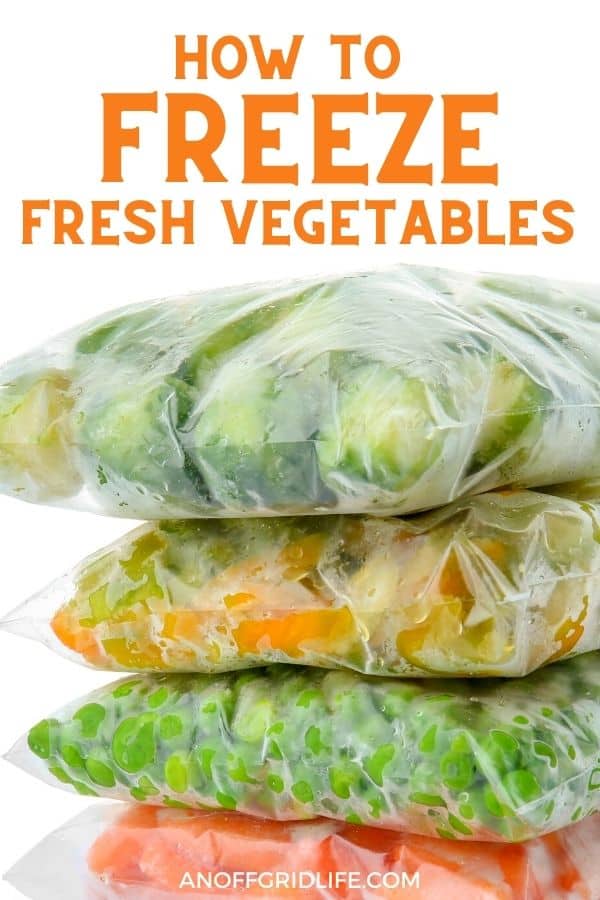 a pinterest image of four stacks of frozen vegetables with text overlay "how to freeze fresh vegetables"