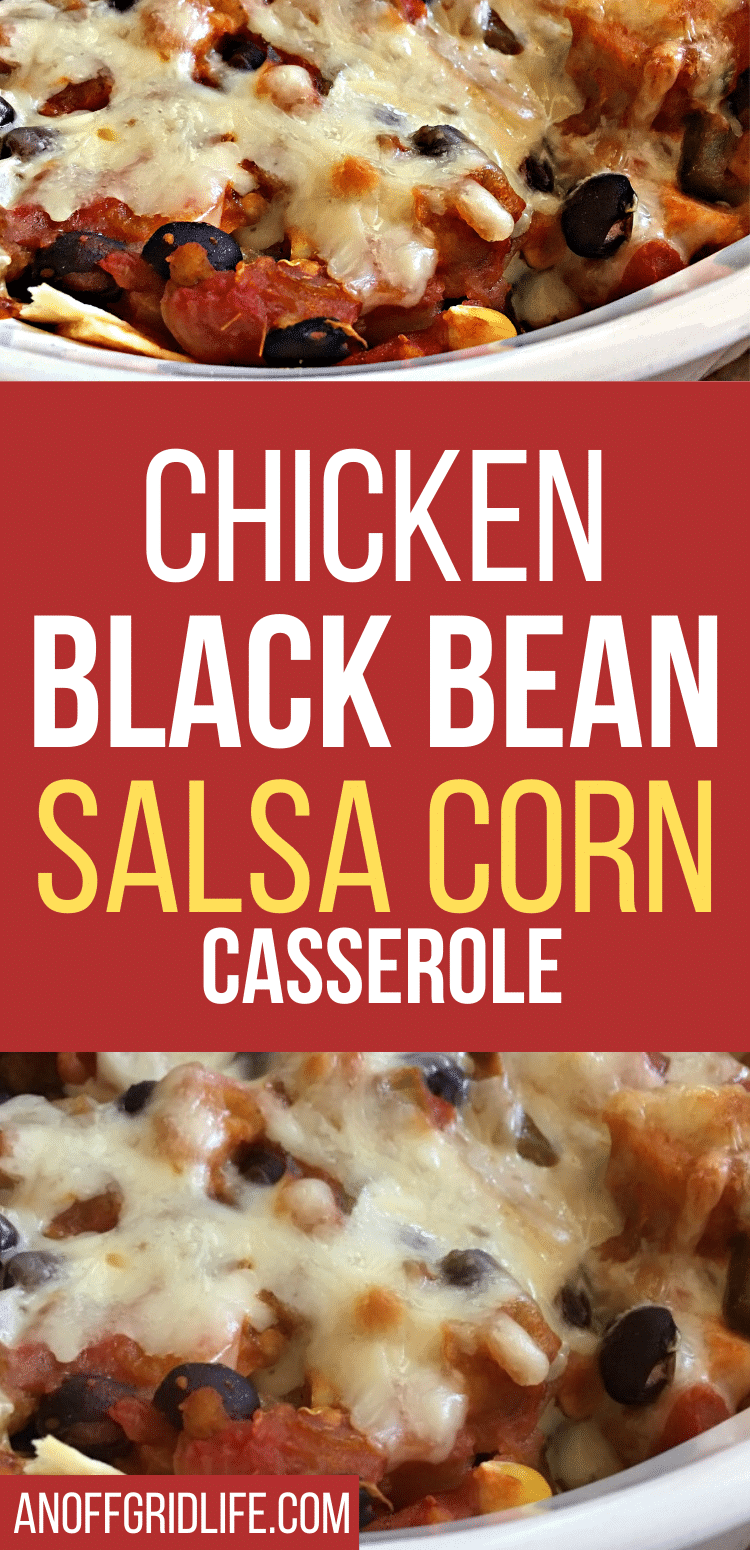 Text overlay on chicken black bean salsa corn casserole