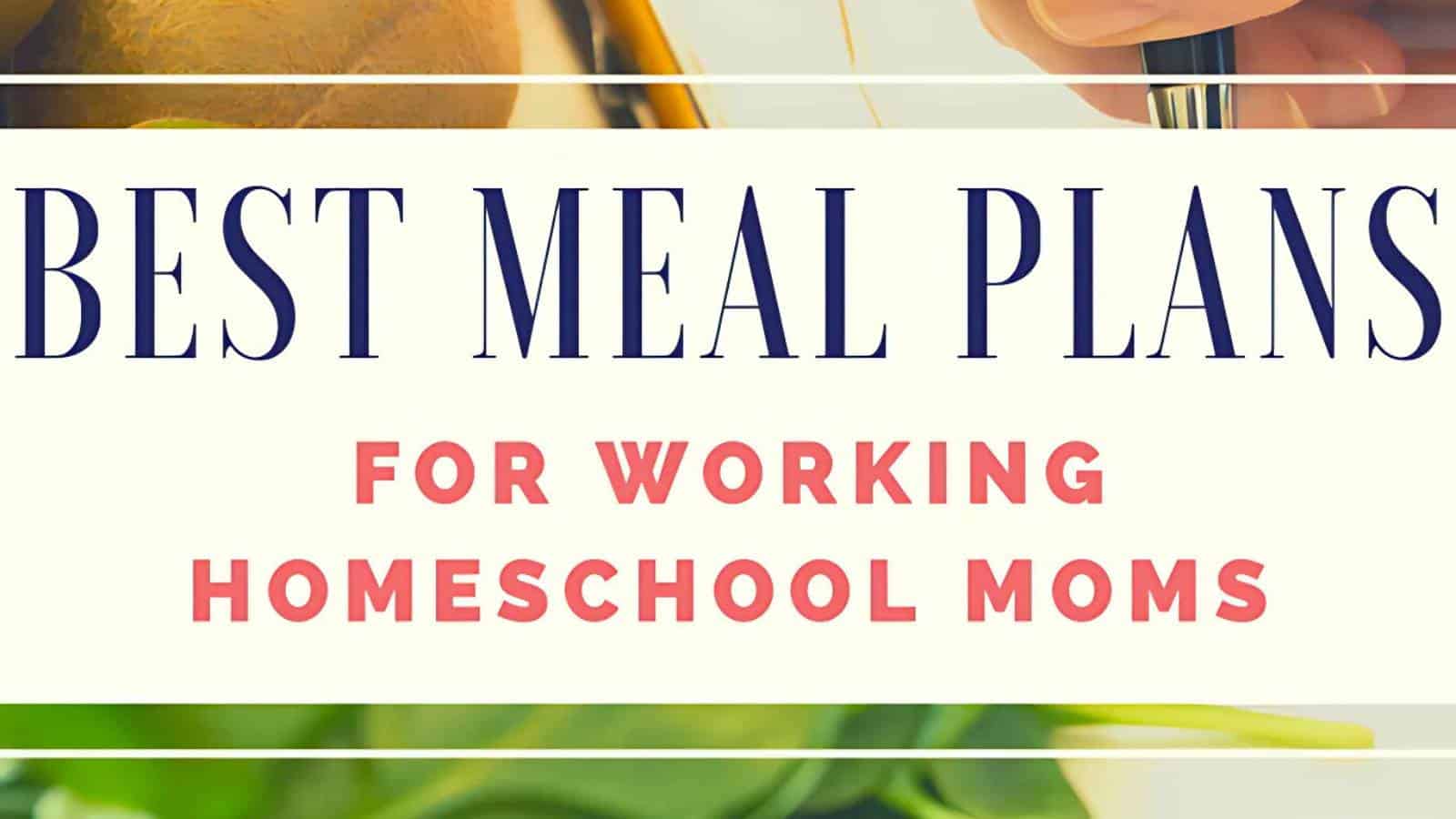 Text reads: "Best Meal Plans for Working Homeschool Moms" with a background of fruits and vegetables.