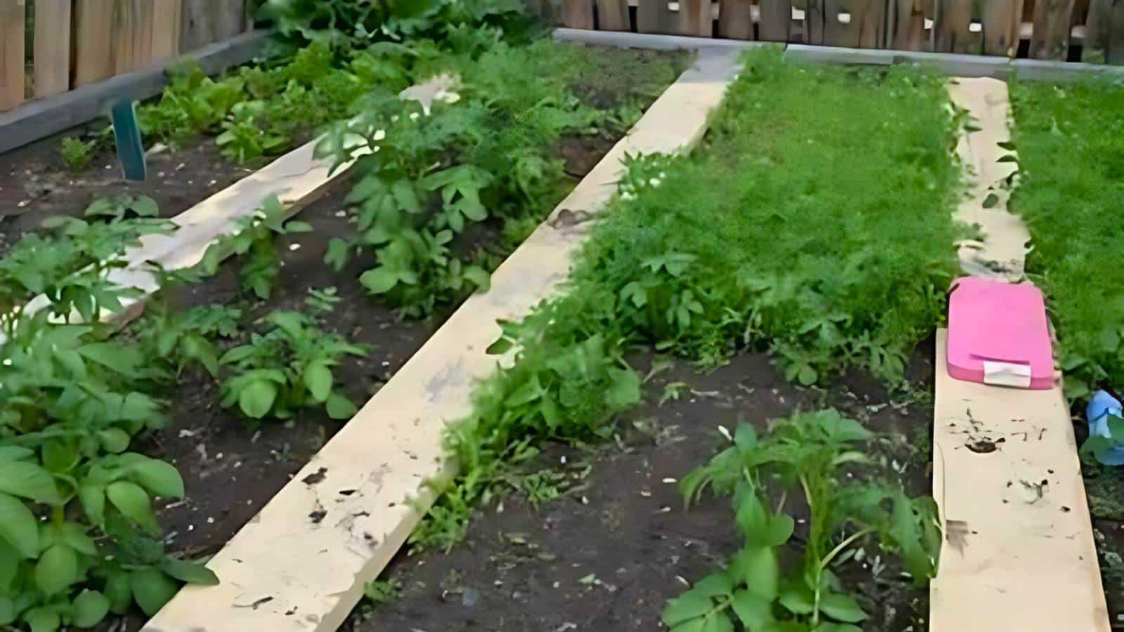 Vegetable garden with several green plants growing in soil bordered by wooden planks. A pink watering can is placed on one of the planks, and a wooden fence is visible in the background.