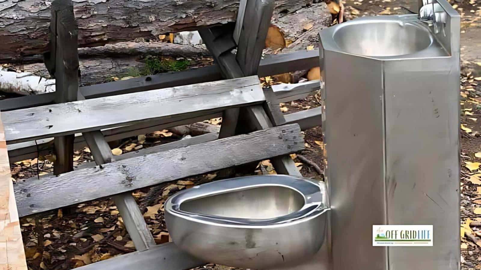 A stainless steel public toilet with a small sink attached, situated outdoors beside a wooden fence and fallen logs.