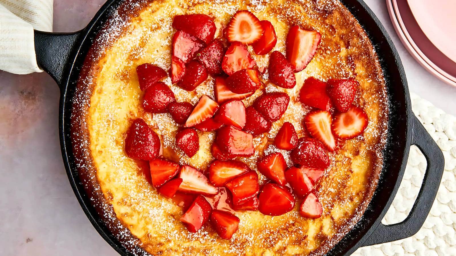A Dutch baby pancake topped with fresh strawberries in a black skillet.