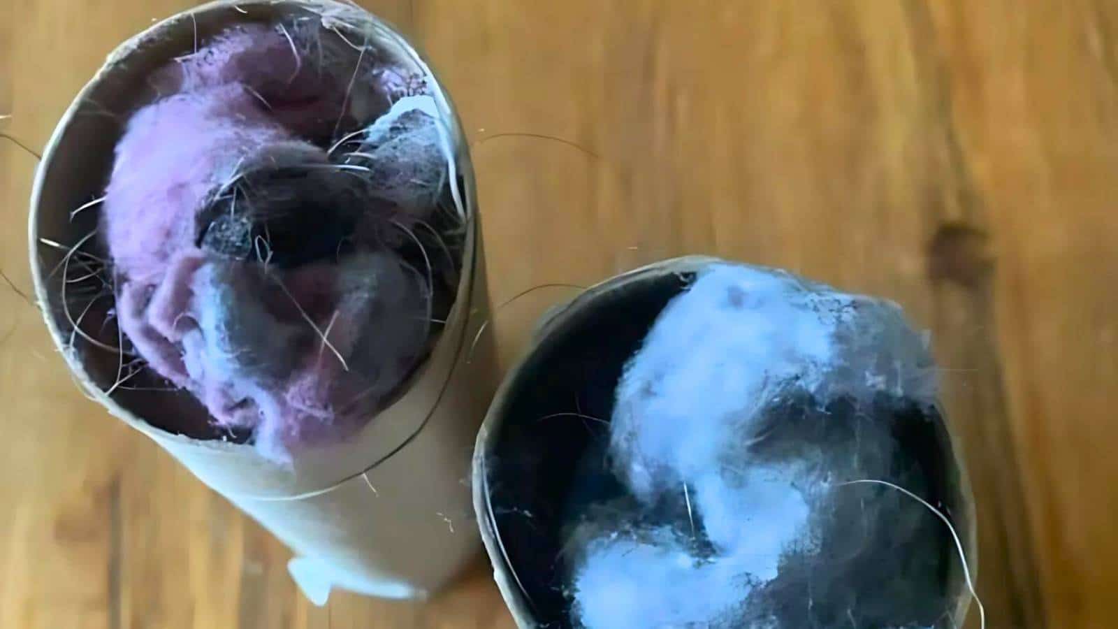 Prep smart with two cardboard toilet paper rolls filled with colorful lint and pet hair, beautifully arranged on a wooden surface.