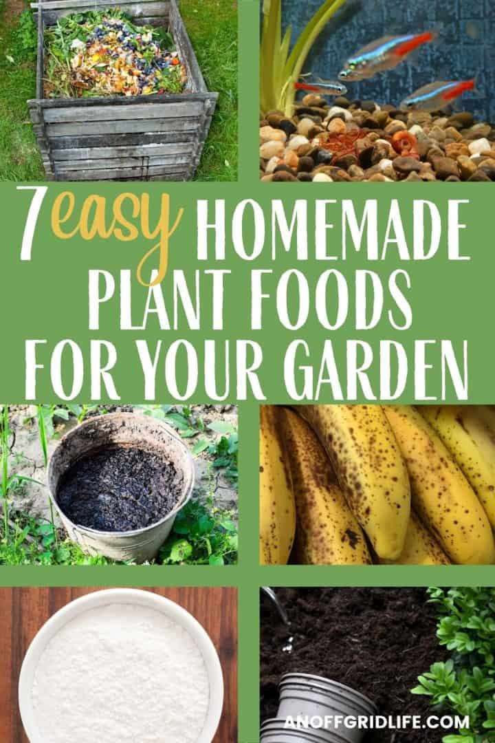 7 Easy Homemade Plant Foods for Your Garden text overlay on collage of ingredients