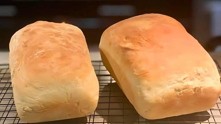 Two freshly baked loaves of bread cooling on a wire rack.