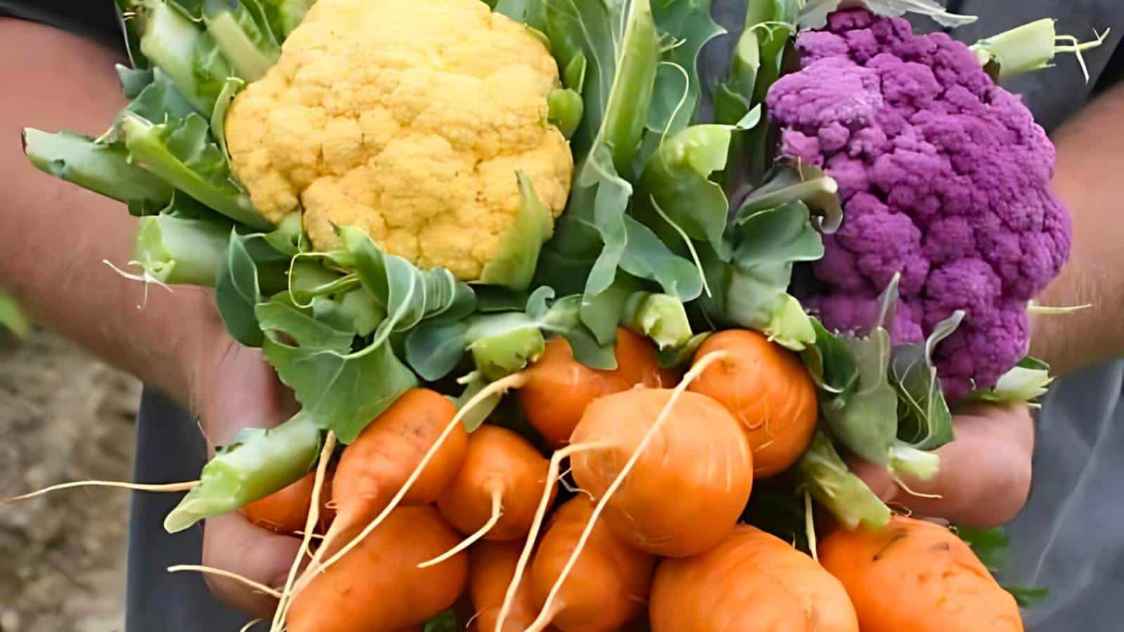 Close-up of hands holding a yellow cauliflower, purple cauliflower, and several orange carrots with green leaves.