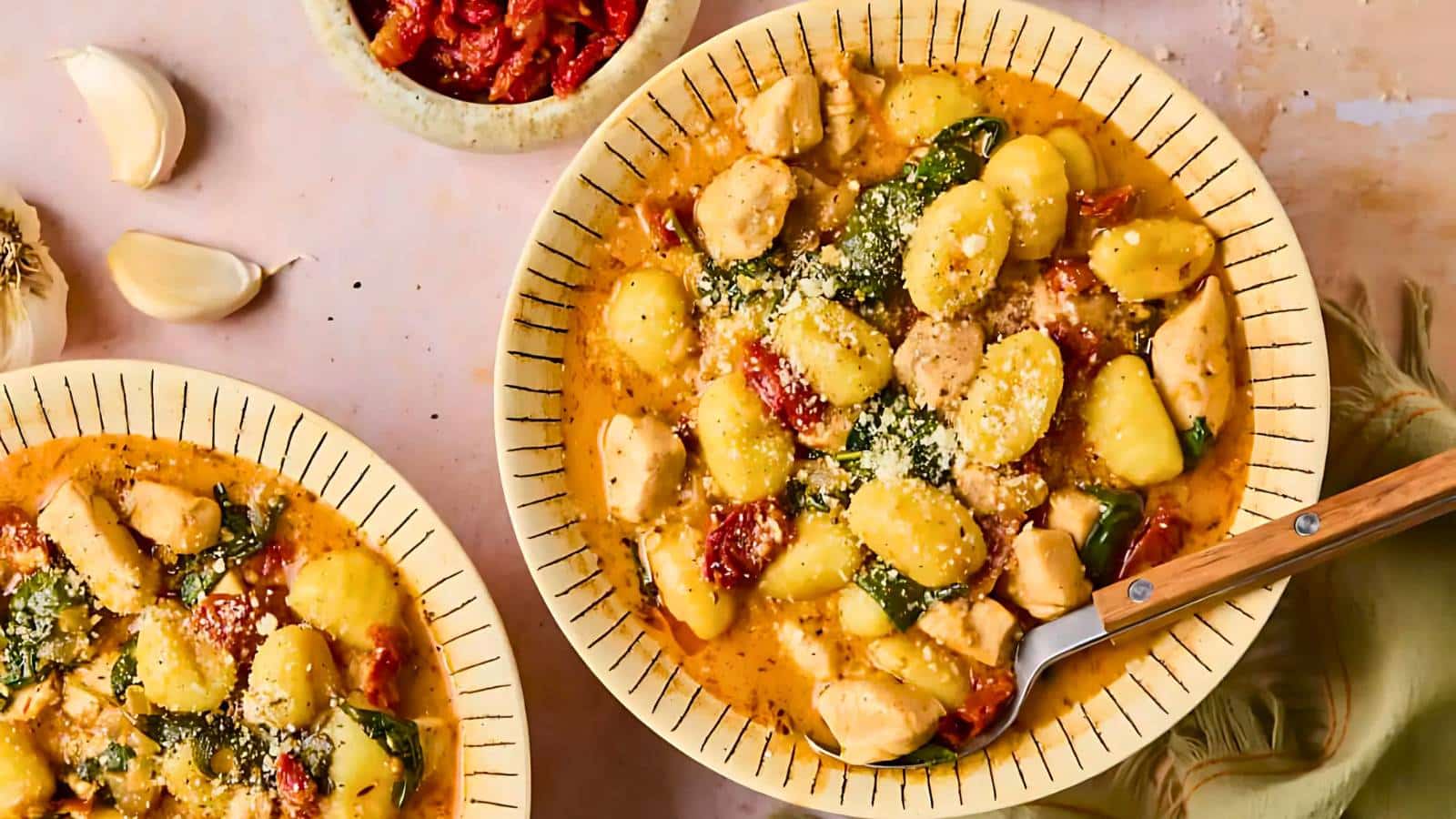 A bowl of creamy gnocchi with chicken, spinach, sun-dried tomatoes, and grated cheese. A second bowl and garlic cloves are nearby on a beige surface.
