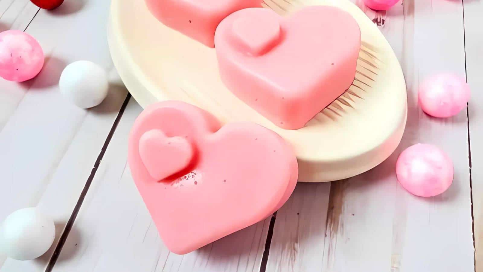 Pink heart-shaped soap bars on an oval soap dish, surrounded by scattered pink and white decorative balls on a wooden surface.