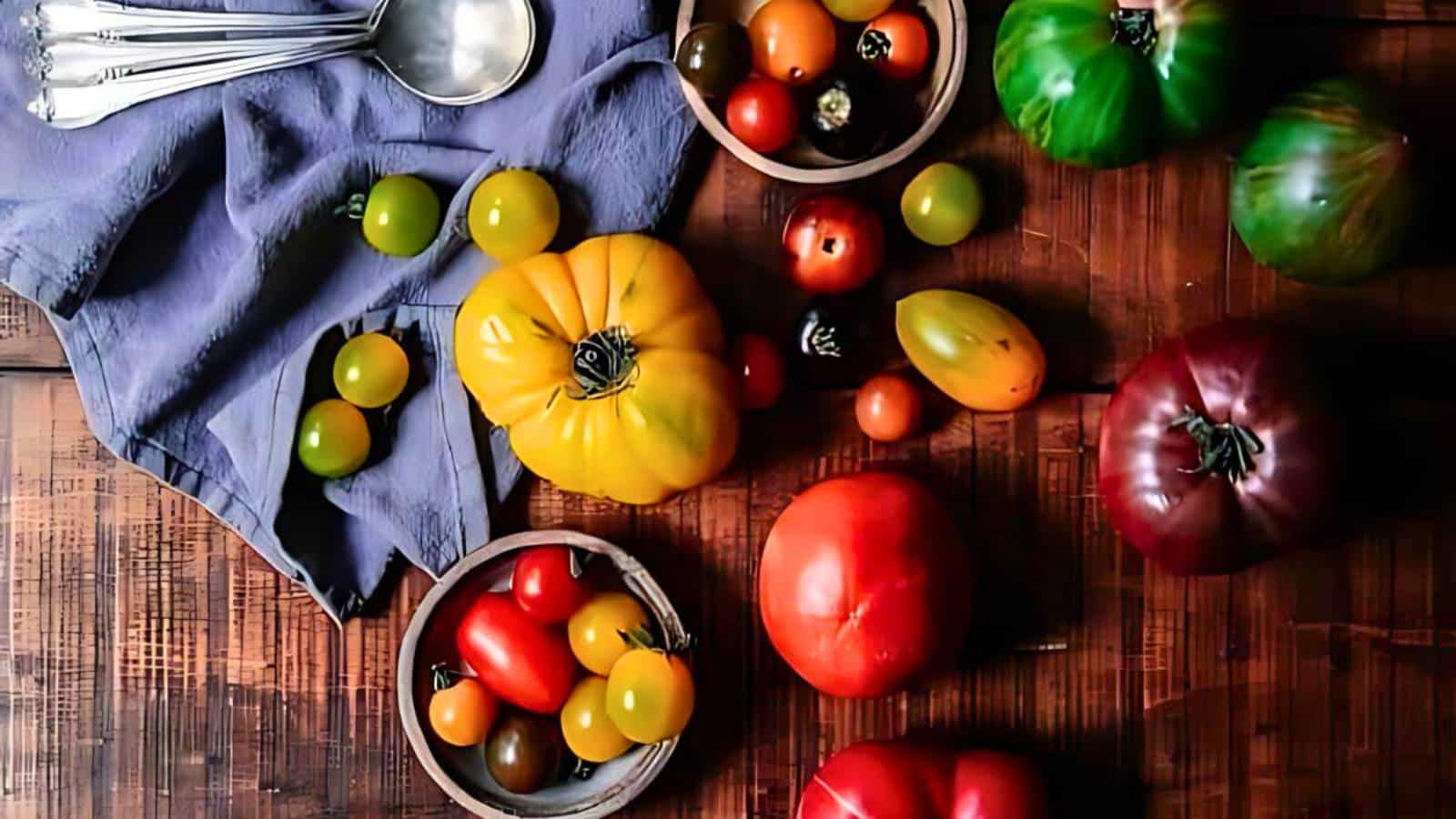 A variety of colorful tomatoes are arranged on a wooden surface with two wooden bowls, a blue cloth, and silver spoons.