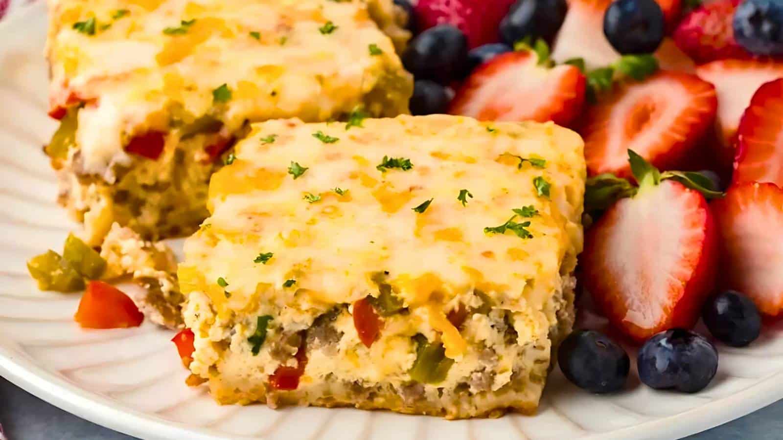 A plate with two square pieces of egg casserole topped with melted cheese and sprinkled with herbs, alongside sliced strawberries, blueberries, and a few other fruits.